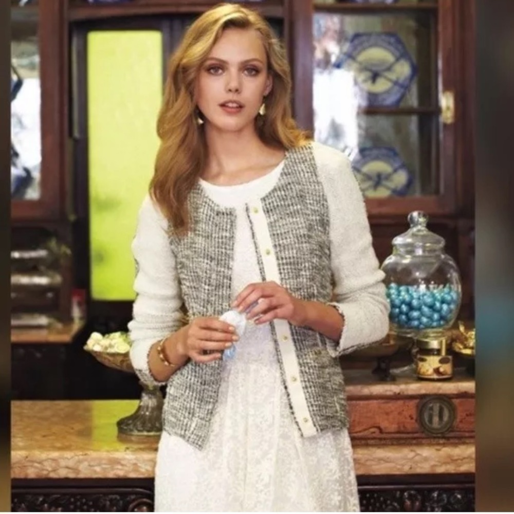 Anthropologie cream,black, and gold glimmered tweed jacket.